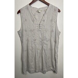 Saint Tropez West Women Light Gray/Beige Embroidered Linen Sleeveless Top Large